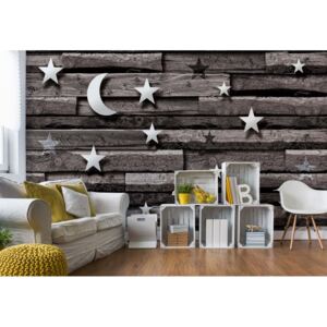 Fototapeta GLIX - 3D Stars And Moon Wood Plank Grey + lepidlo ZADARMO Vliesová tapeta - 416x254 cm