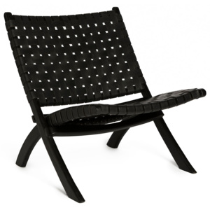Čierna stolička s konštrukciou z teakového dreva a pleteným sedákom z hovädzej kože Simla Fold