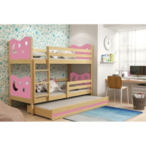 Poschodová posteľ KAMIL 3 + matrac + rošt ZADARMO, 90x200, borovica/ružová