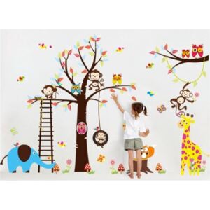 ZooYoo detská nálepka na stenu strom, opice a zvieratká zvitok 30 x 90 cm x 5, konečná veľkosť: 140 x 235 cm