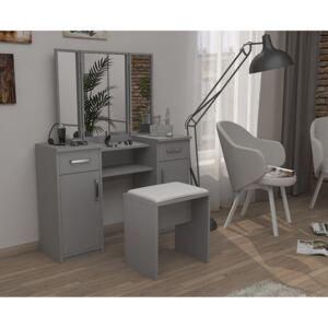 Moderná zostava taburetka + toaletný stolík s 3 zrkadlami Šedá