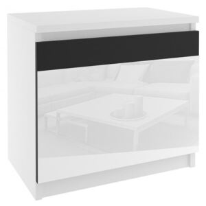 Biely nočný stolík s čiernymi sklenenými dvierkami