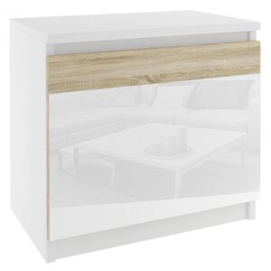 Biely nočný stolík so sklenenými dvierkami dub sonoma