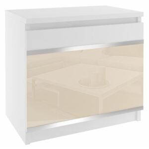 Bielý nočný stolík beauty s béžovým sklom a hliníkovými pásikmi