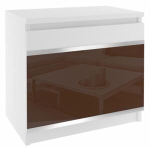 Bielý nočný stolík beauty s hnedým sklom a hliníkovými pásikmi