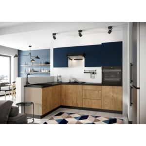 Rohová kuchyňa Leya ľavý roh 255x170 cm (modrá mat/drevo)