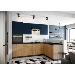 Rohová kuchyňa Leya pravý roh 255x170 cm (modrá mat/drevo)
