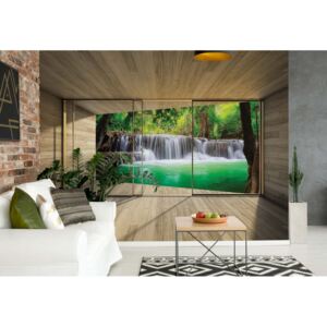 GLIX Fototapeta - Waterfall Forest 3D Modern Window View Vliesová tapeta - 312x219 cm