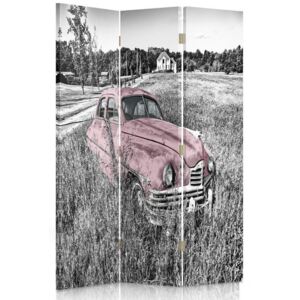 CARO Paraván - Pink Car In The Field | trojdielny | obojstranný 110x150 cm