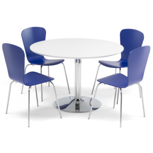 Jedálenská zostava: stôl Ø1100 mm, biely + 4 stoličky, modrá