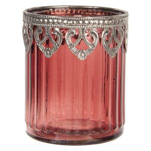 Červený sklenený svietnik na čajovú sviečku s kovovým zdobením Ø8 * 9 cm