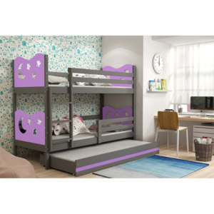 Poschodová posteľ KAMIL 3 + matrac + rošt ZADARMO, 90x200, grafit/fialová
