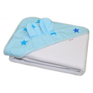 Detská termoosuška s uškami Baby Stars s kapucňou, 100x100 cm - biela, modré hviezdy