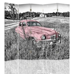 CARO Paraván - Pink Car In The Field | päťdielny | obojstranný 180x180 cm