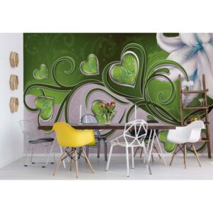 GLIX Fototapeta - Lily Hearts Green Swirls Vliesová tapeta - 368x254 cm
