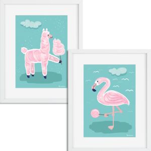 Rámované obrazy pre deti - Ružové zvieratká - 2 x A3