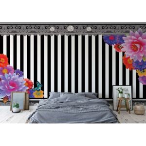 Fototapeta - Colourful Flowers Black And White Strips Papírová tapeta - 184x254 cm