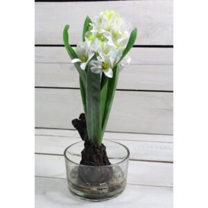 Umelý kvet HIACINT v sklenenom kvetináči (v. 28 cm, p. 10 cm) - biely