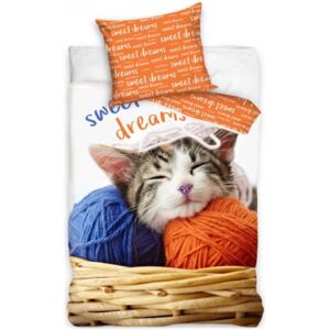 BedTex · Bavlnené posteľné obliečky mačiatko a klbká - motív sweet dreams - 100% bavlna - 70 x 90 cm + 140 x 200 cm