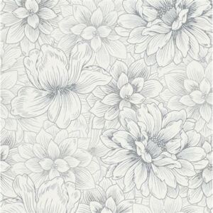 Vliesové tapety na stenu Natural Living 5425-10, rozmer 10,05 m x 0,53 m, biele kvety so striebornými detailmi, Erismann