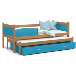 Detská posteľ s prístelkou a zásuvkou TWISTER - 190x80 cm - modrá / jelša