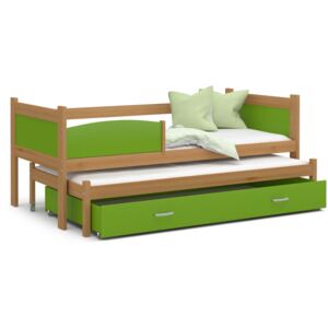 Detská posteľ s prístelkou a zásuvkou TWISTER - 190x80 cm - zelená / jelša