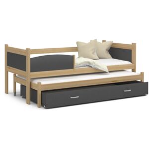 Detská posteľ s prístelkou a zásuvkou TWISTER - 190x80 cm - sivá / borovica