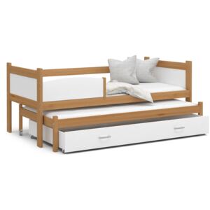 Detská posteľ s prístelkou a zásuvkou TWISTER - 190x80 cm - biela / jelša