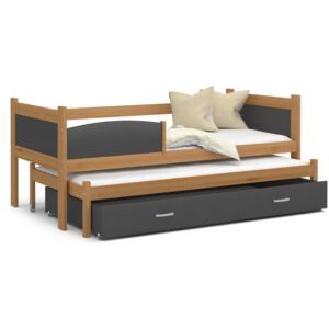 Detská posteľ s prístelkou a zásuvkou TWISTER - 190x80 cm - sivá / jelša