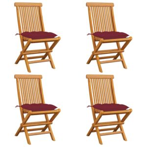 Záhradné stoličky s vínovo-červenými podložkami 4 ks tíkový masív