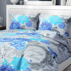 Goldea bavlnené posteľné obliečky - vzor 644 modré kvety a motýle 140 x 200 a 70 x 90 cm