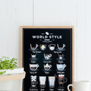 Čierny plagát Follygraph World Style Coffee, 21 × 30 cm
