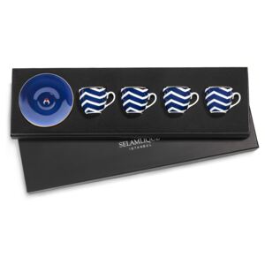 Turecký kávový set 4 šálkov s podšálkami, modrá vlna - Selamlique