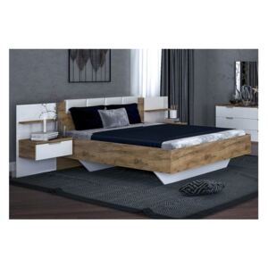 Manželská posteľ SPIRIT + rošt + matrac DE LUX + doska s nočnými stolíkmi, 160x200, dub Kraft/biala lesk