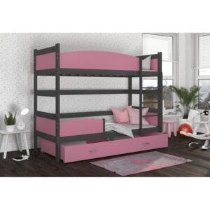 Expedo Detská poschodová posteľ s prístelkou SWING3 COLOR, 190x90 cm, šedý/ružový