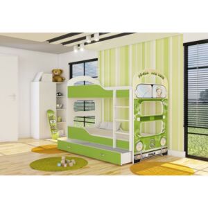 Detská posteľ PATRIK 2 + matrac + rošt ZADARMO, biela/zelená-vzor HIPPIE, 180x80 cm