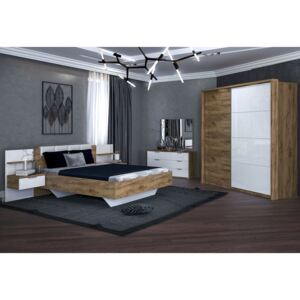 Spálňa SPIRIT - posteľ 160x200+rošt+matrac DE LUX+doska s nočnými stolíkmi+posuvná skriňa 200+komoda 3 šuplíky+zrk. 100, dub Kraft/biala lesk