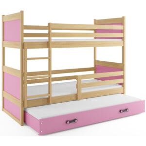 Poschodová posteľ Riko borovica/ružová s prístelkou Rozmer postele: 200x90