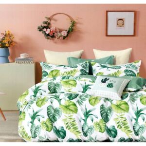 Kvalitné bielo zelené bavlnené posteľné obliečky s motívom listov Zelená
