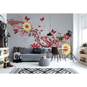 Fototapeta - Modern Design Red Flowers And Butterflies Papírová tapeta - 184x254 cm