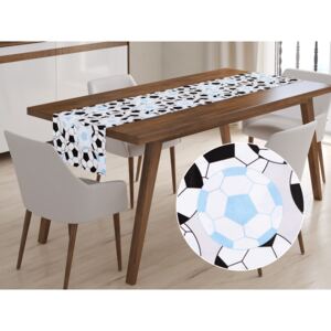Detský bavlnený behúň na stôl Sandra SA-202 Modré a čierne futbalové lopty 20x120 cm