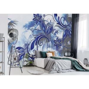 Fototapeta - Flowers And Swirls Abstract Art Blue And Grey Vliesová tapeta - 208x146 cm