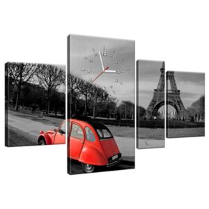 Obraz s hodinami Červené auto pri Eiffelovej veži 120x70cm ZP1117A_4AN