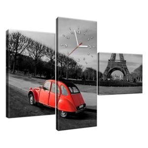 Obraz s hodinami Červené auto pri Eiffelovej veži 100x70cm ZP1117A_3AW