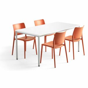 Jedálenská zostava: Stôl Modulus + 4 plastové stoličky Rio, oranžové