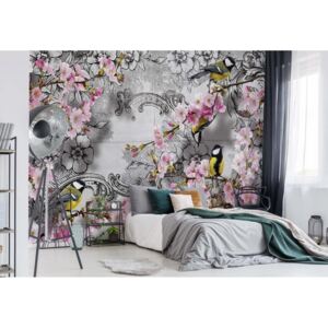 GLIX Fototapeta - Birds And Cherry Blossom Flowers Vintage Design Vliesová tapeta - 312x219 cm