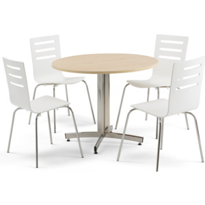 Jedálenská zostava 1x stôl Ø 900, breza / chróm, 4x stolička biela / chróm