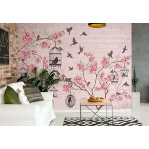 Fototapeta - Cherry Blossom And Birds Vintage Design Pink Vliesová tapeta - 312x219 cm