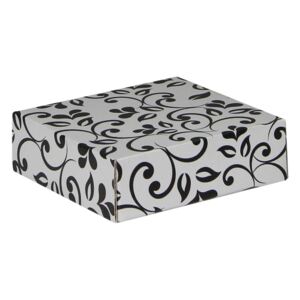 Darčeková krabička 100x100x35/35 mm, sivá so vzorom na veku, čierné lístky