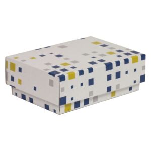 Darčeková krabička s vekom 150x100x50/40 mm, VZOR - KOCKY modrá/žltá